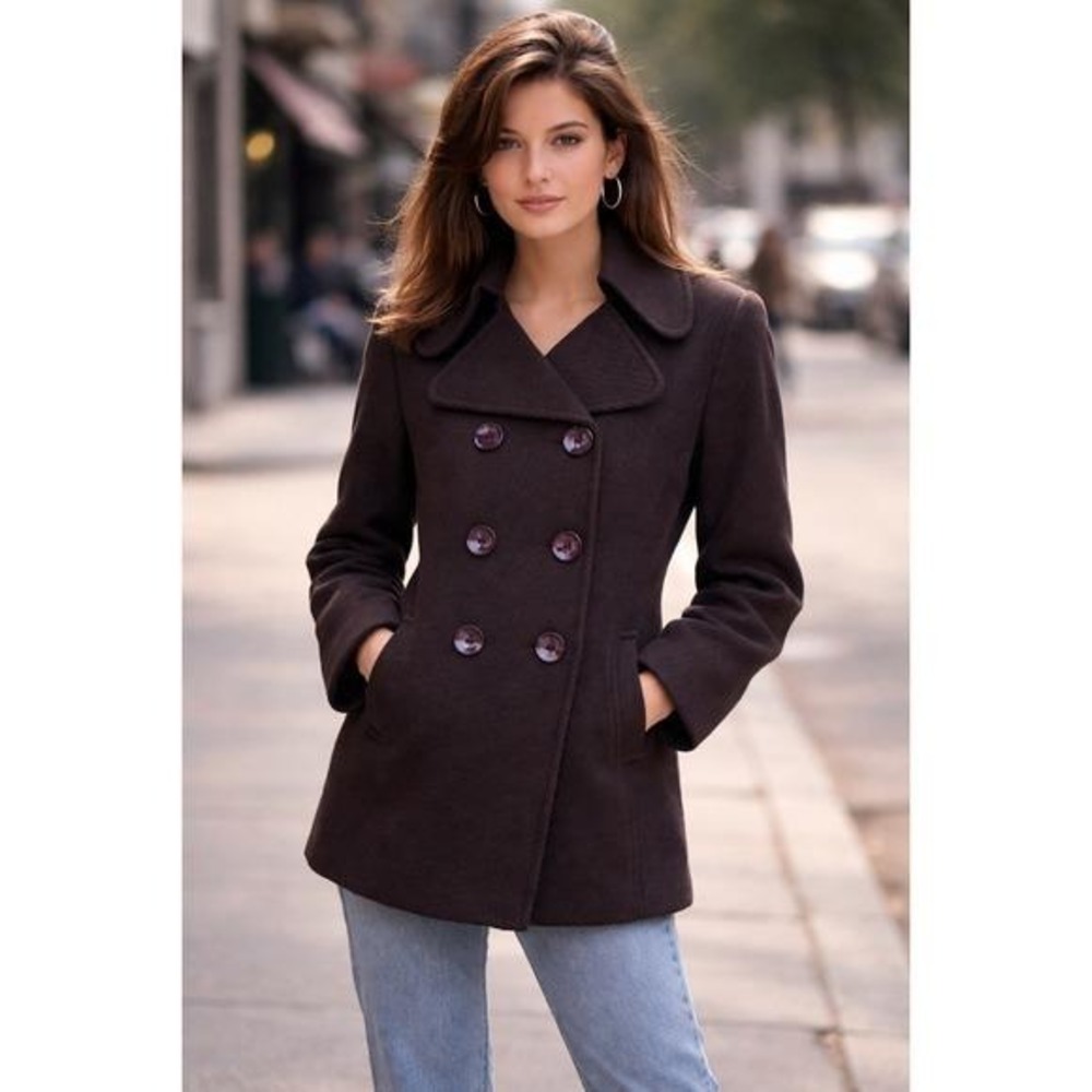 Moda International 90s Brown Wool Blend Ribbed Pea Coat Double Breasted Jacket M